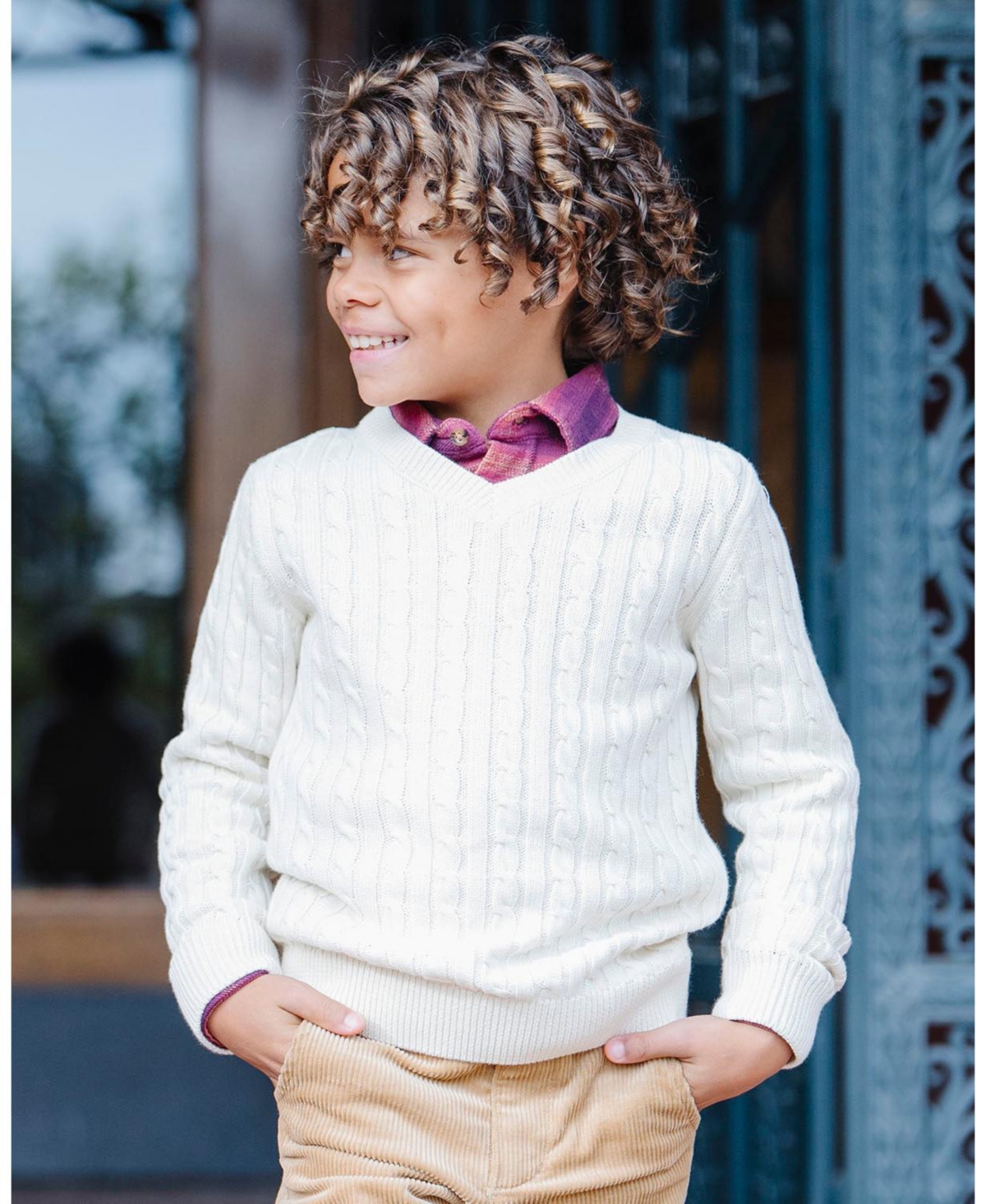 Hope & Henry Boys Organic Long Sleeve V-Neck Cable Sweater