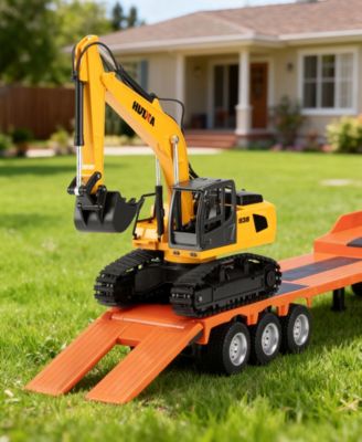 1:24 RC Semi Truck and Excavator Set, 9-Channel Remote Control Construction Vehicles, Detachable Trailer, Dual 2.4GHz Controllers, Gift for Kids 8+