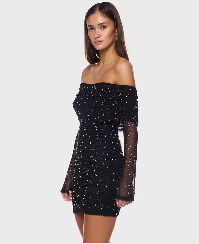 Juniors Off-the-Shoulder Short Dress with Long Sleeves and Pearl Detail - thumbnail 3
