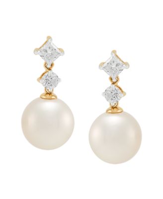 White Ming Cultivated Pearl (9-10mm) and Lab Grown Diamond Earrings (3/4 ct. t.w.) in 10k Yellow Gold