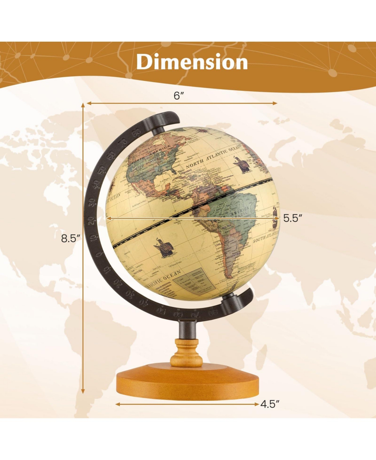 Mecale Antique Globe Dia 5.5 Inch Mini Rotating World Globe with Wooden Base