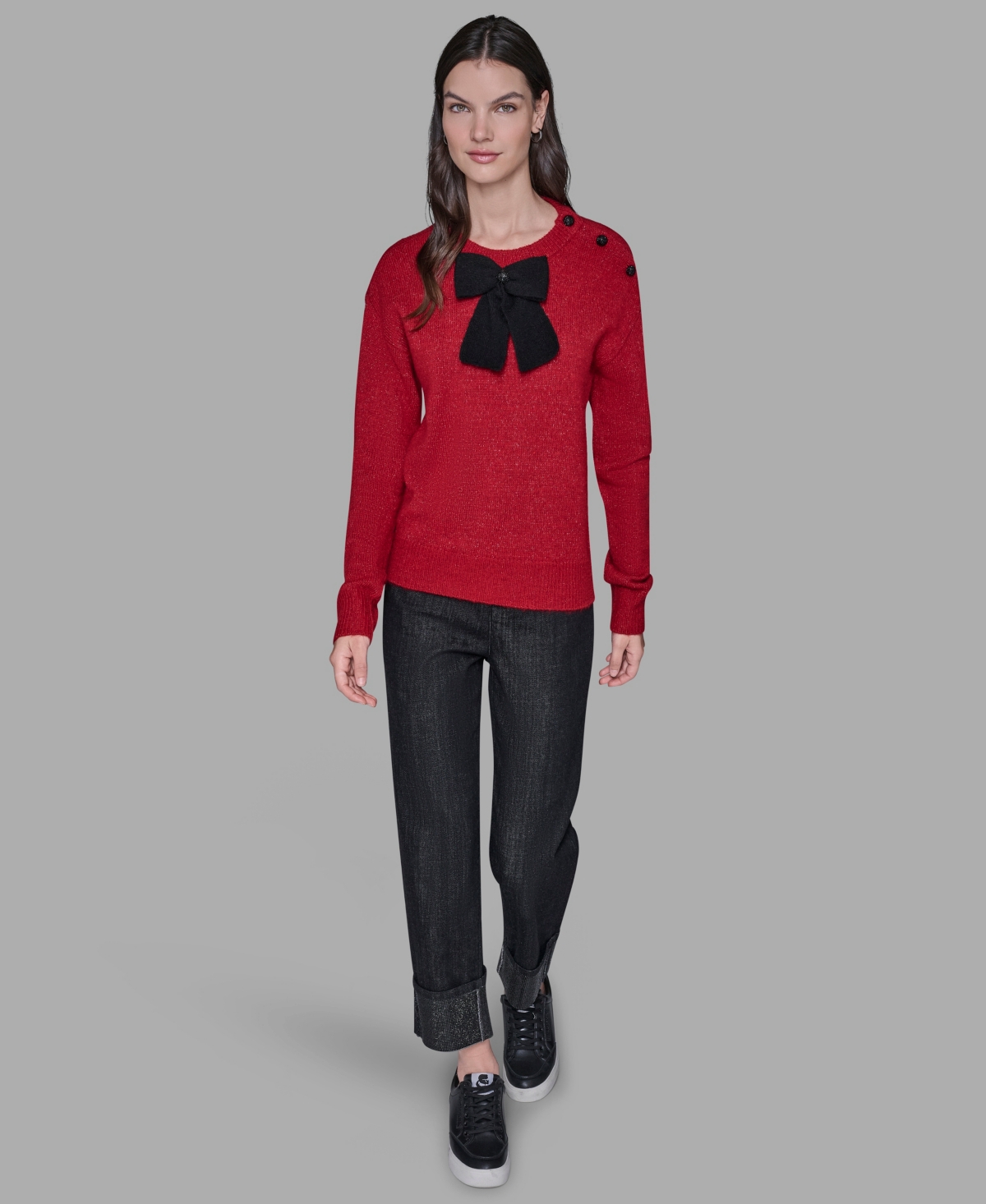 Karl Lagerfeld Women's Big Bow Applique Long Sleeve Sweater In Red