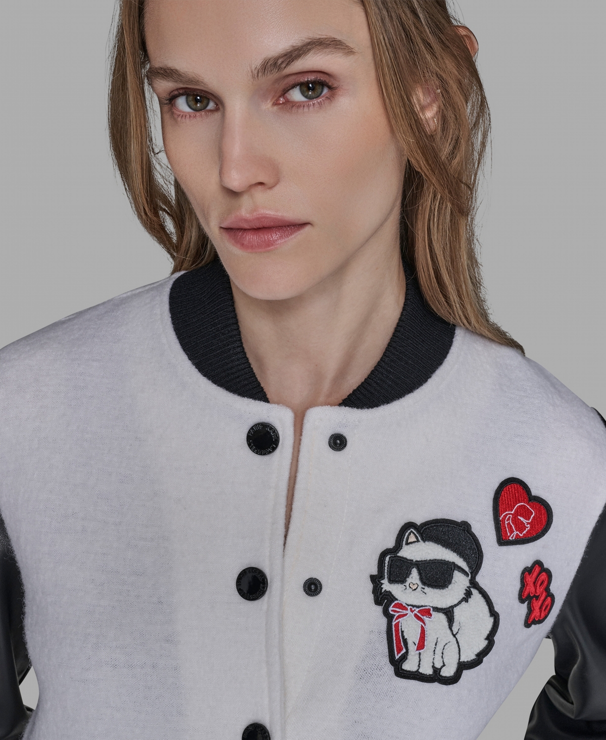 Karl Lagerfeld Women's Choupette Knit Bomber Crewneck Jacket In Multi