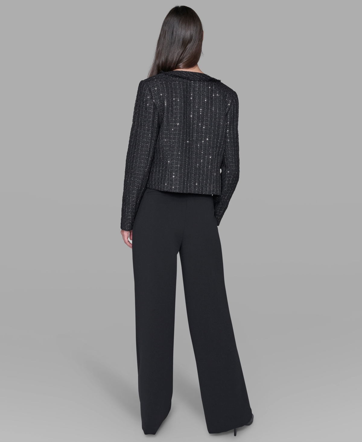 Karl Lagerfeld Women's Cropped Collarless Tweed Jacket In Black