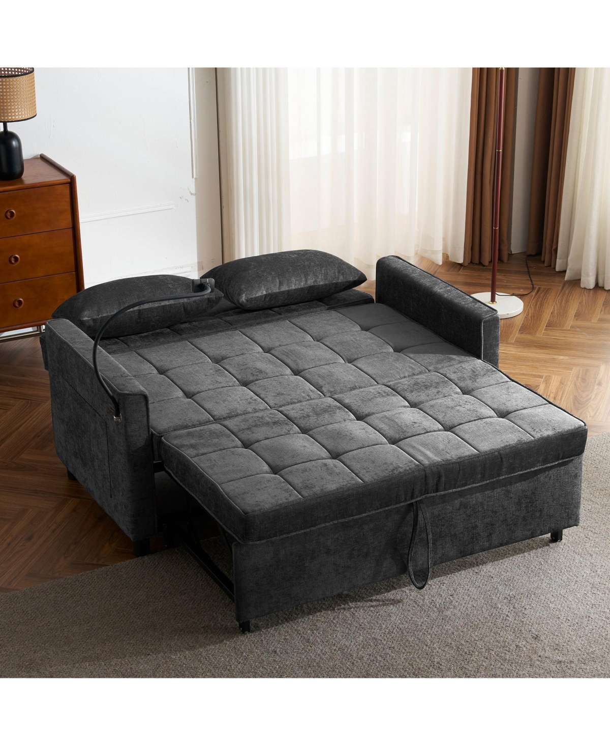 Boyel Living 56.9" Loveseat Sofa Bed, Pull-Out Sleeper, Linen, Reversible Backrest, Side Pockets, Usb Ports, Phone Holder