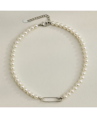 Glass Pearl Necklace with Stainless Steel Safety Pin Clasp