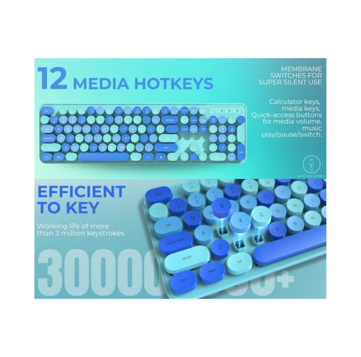 Risokeys Wireless Keyboard And Mouse Set – Silent Typing, Retro Round Keys, Battery Operated, 2.4G Connection, Blue