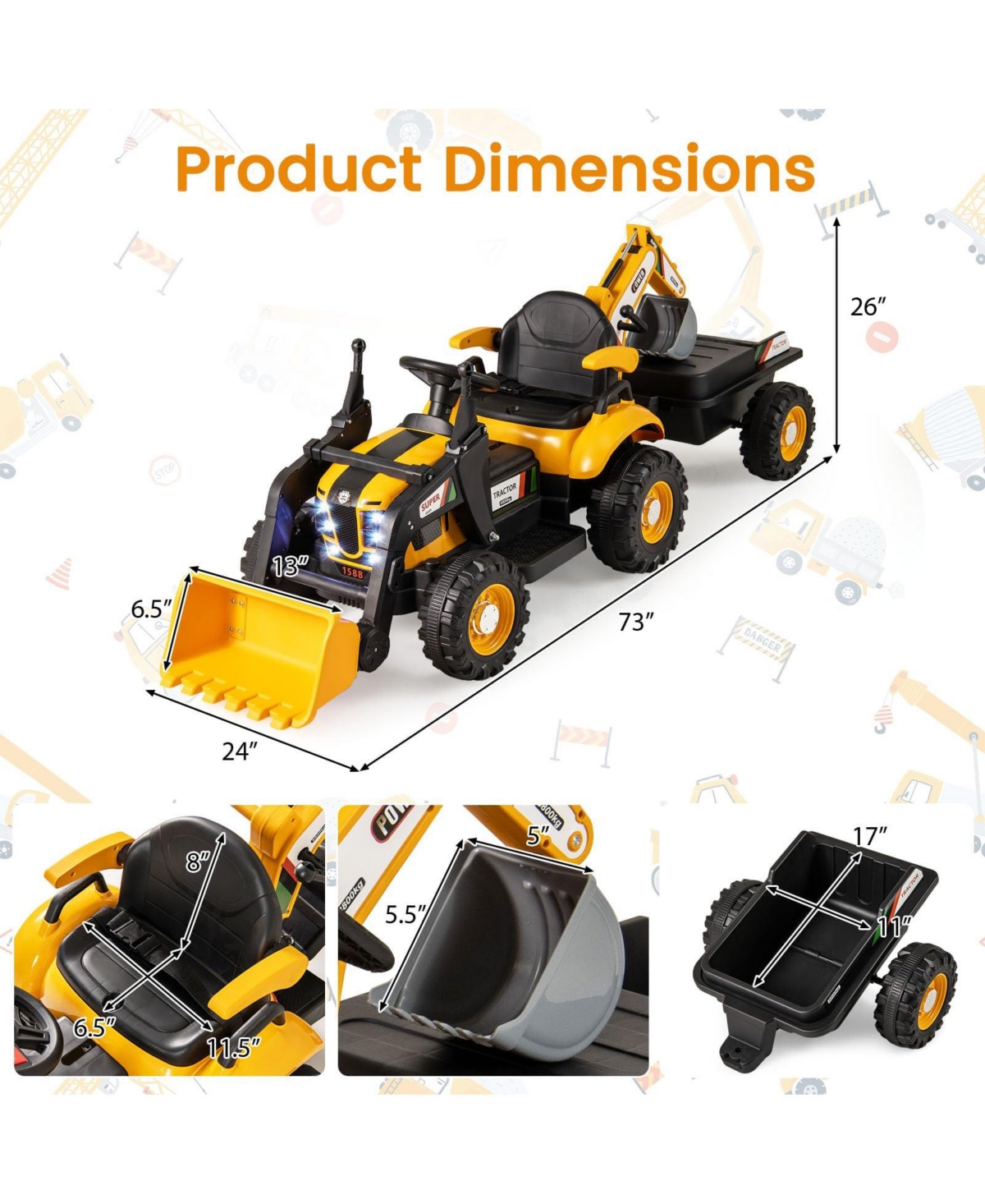 Mecale 4-in-1 Kids Ride On Tractor 12V Excavator Bulldozer With Remote Control