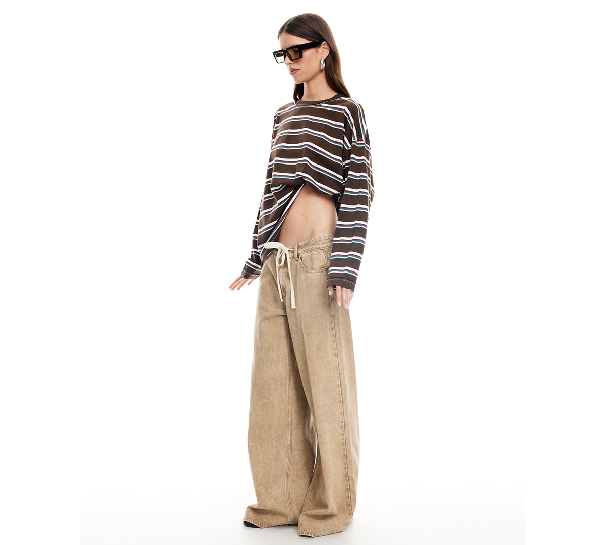 Lioness Horizon Asymmetric Long Sleeve Top In Brown