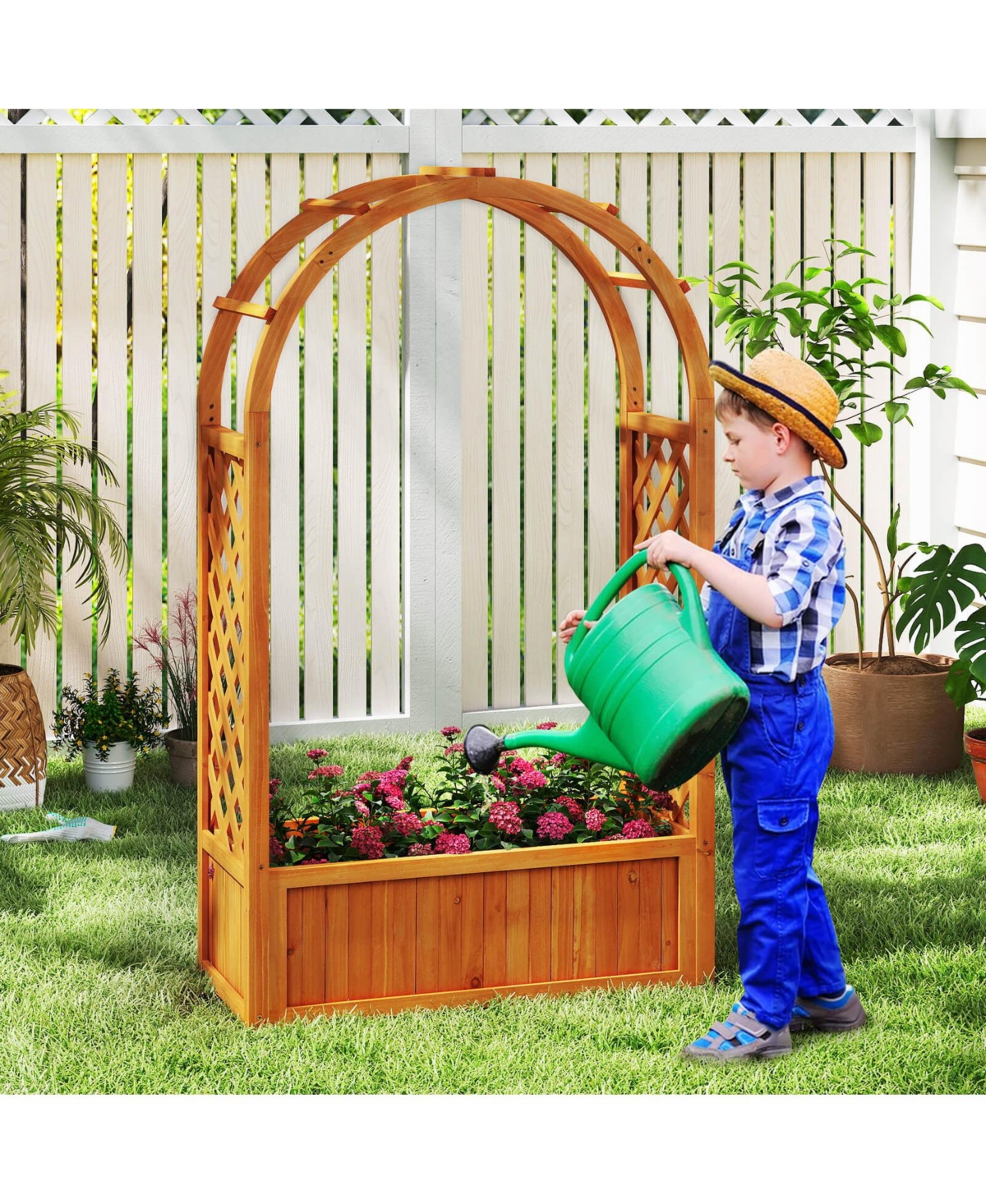 Costway Raised Garden Bed Wooden Elevated Planter Box with Lattice Trellis & Ached Roof