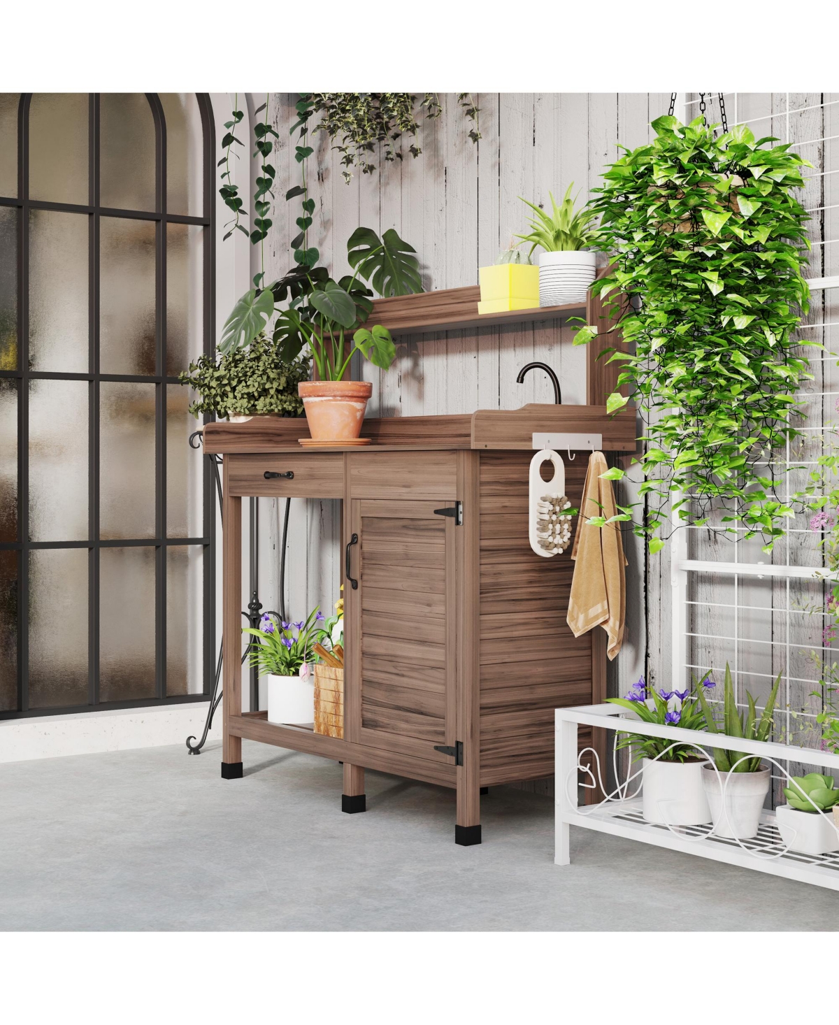 Outsunny Potting Bench Prep Table w/Faucet, Sink and Storage,