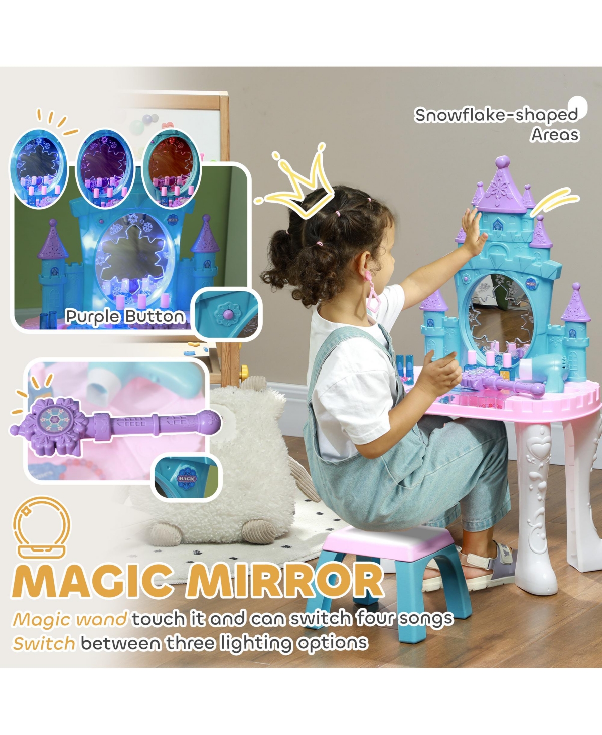 Qaba Kids Vanity Set with Mirror and Stool, Light, Music, Castle Design