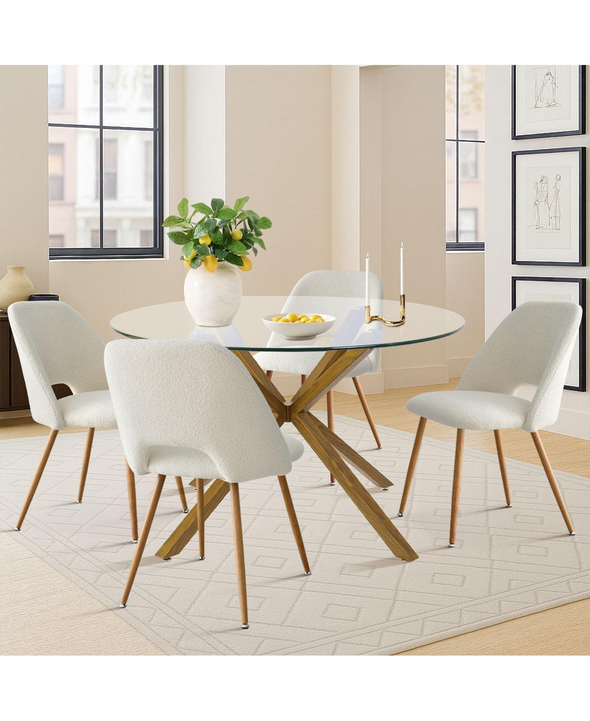 Maison Boucle Modern Round Glass 5-Piece Dining Set – Mid-Century Table & Upholstered Chairs for Small Spaces
