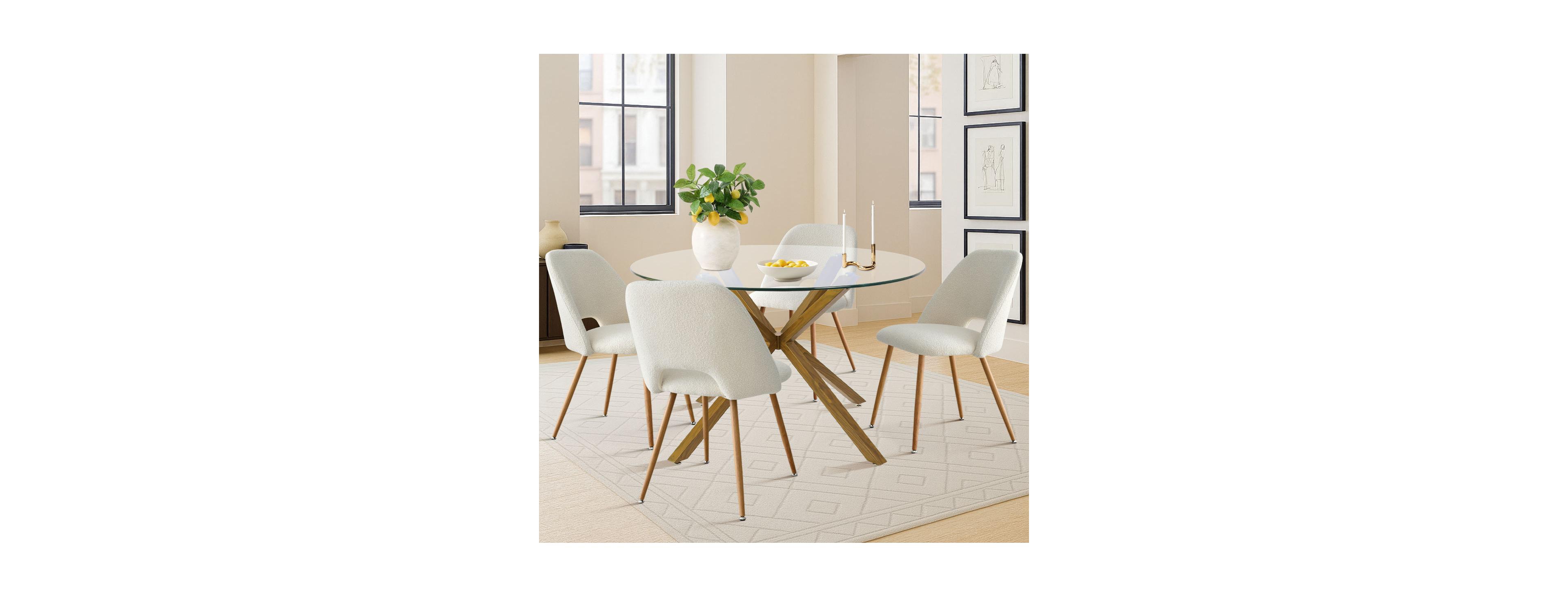 Maison Boucle 5-Piece Modern Round Glass Mid-Century Table & Upholstered Chairs Dining Set
