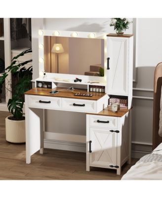 Makeup Vanity with Square Mirror, Tricolor Light & Charger