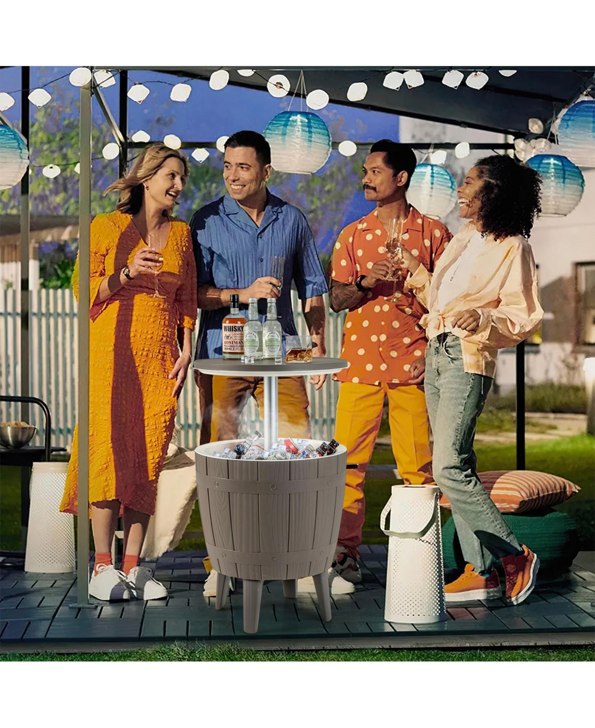 Sugift 10 Gallon Cooler Bar Table Outdoor Coffee Table Ice Bucket with Telescopic Tabletop for Beer and Wine-Brown