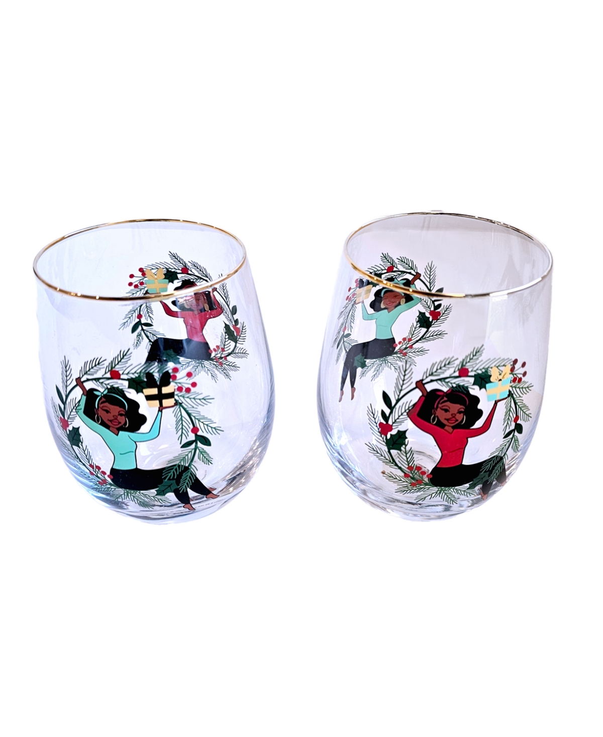 Black Paper Party Shark Tank Holiday Holly Stemless Wine Glasses, Set Of 2 In Multi