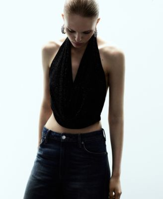 MANGO - Women's Draped Crystal Neckline Top