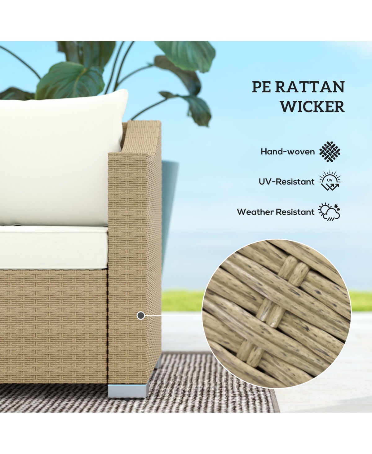 Outsunny 3 Seater Patio Sofa, Wicker Couch with Cushions, Pillows,