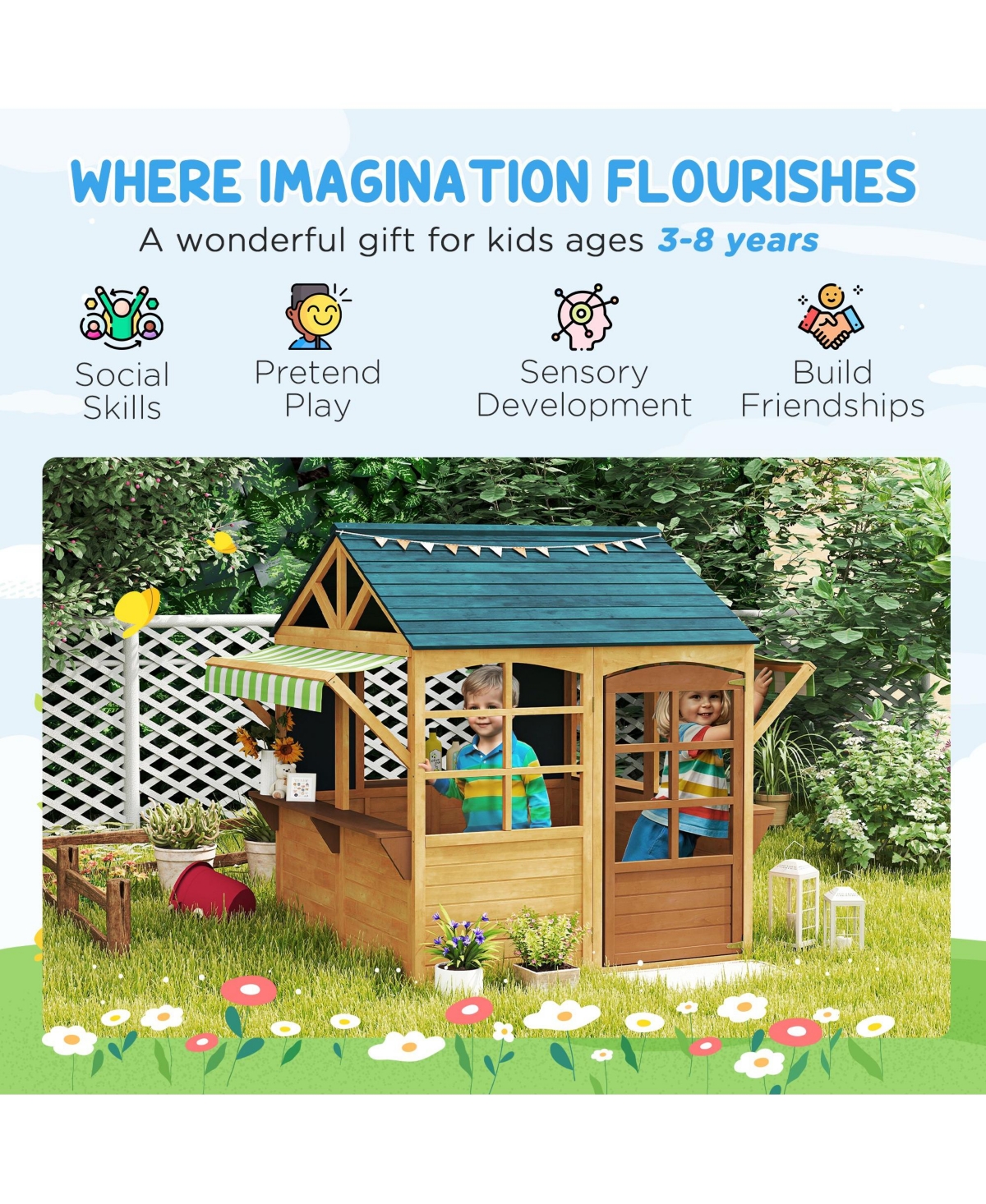 Qaba Outdoor Playhouse, Foldable Wooden Kids Cottage,