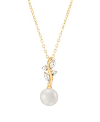 2-Pc. Cultured Freshwater Pearl (7-8mm) and White Cubic Zirconia Drop Earrings and Pendant Necklace Set in 14k Yellow Gold Over Sterling Silver