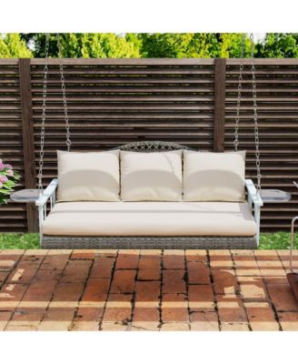 Wicker Porch Swing, Hanging Swing Bench with Cup Holder