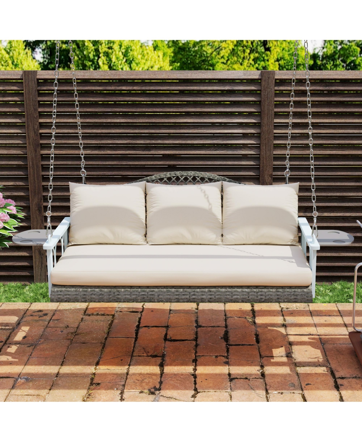 Outsunny Wicker Porch Swing, Hanging Swing Bench with Cup Holder, Natural