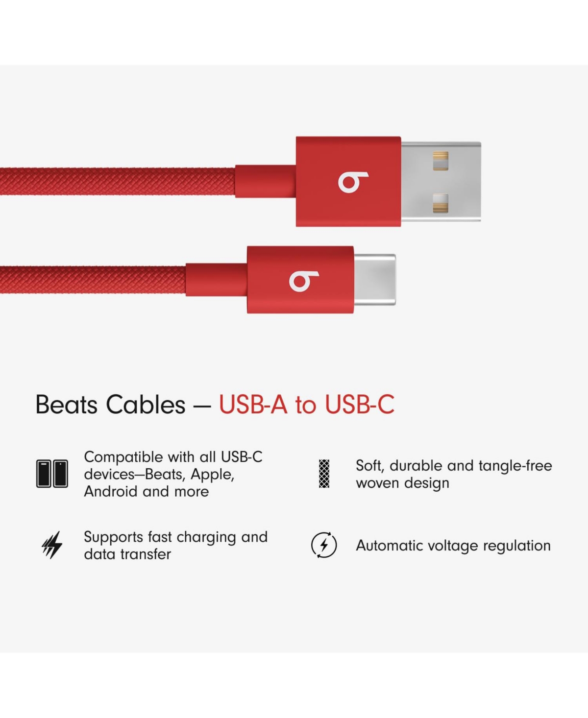 Beats / Fast Charging, Durable, Tangle-Free, Usb-a to Usb-c, 1.5m, Rapid Red / Woven Charger Cable for Apple & Android Devices