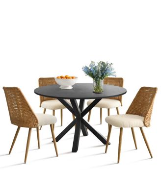 5-Piece Dining Set, 39.5'' Round Table with Faux Rattan Back Chairs and Metal Legs for Kitchen or Small Dining Room-Maison Boucle