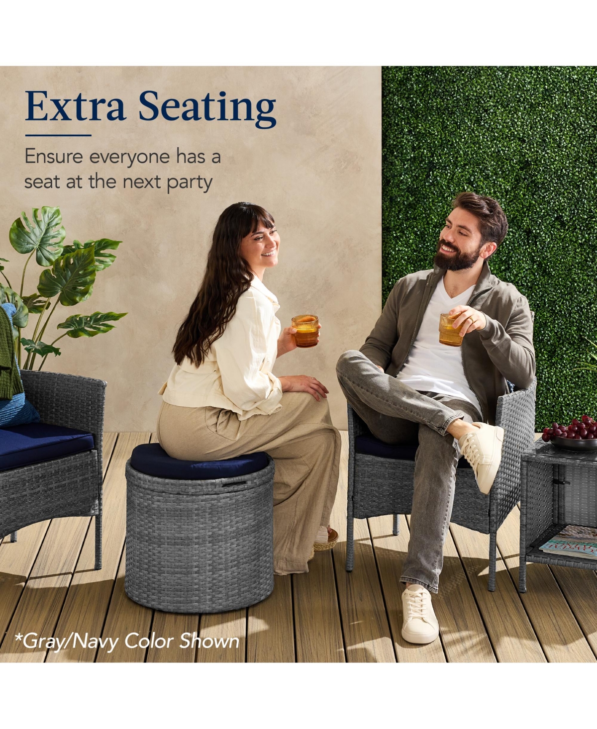 Best Choice Products Round Wicker Ottoman, Multipurpose Furniture w/ Removable Cushion, Steel Frame