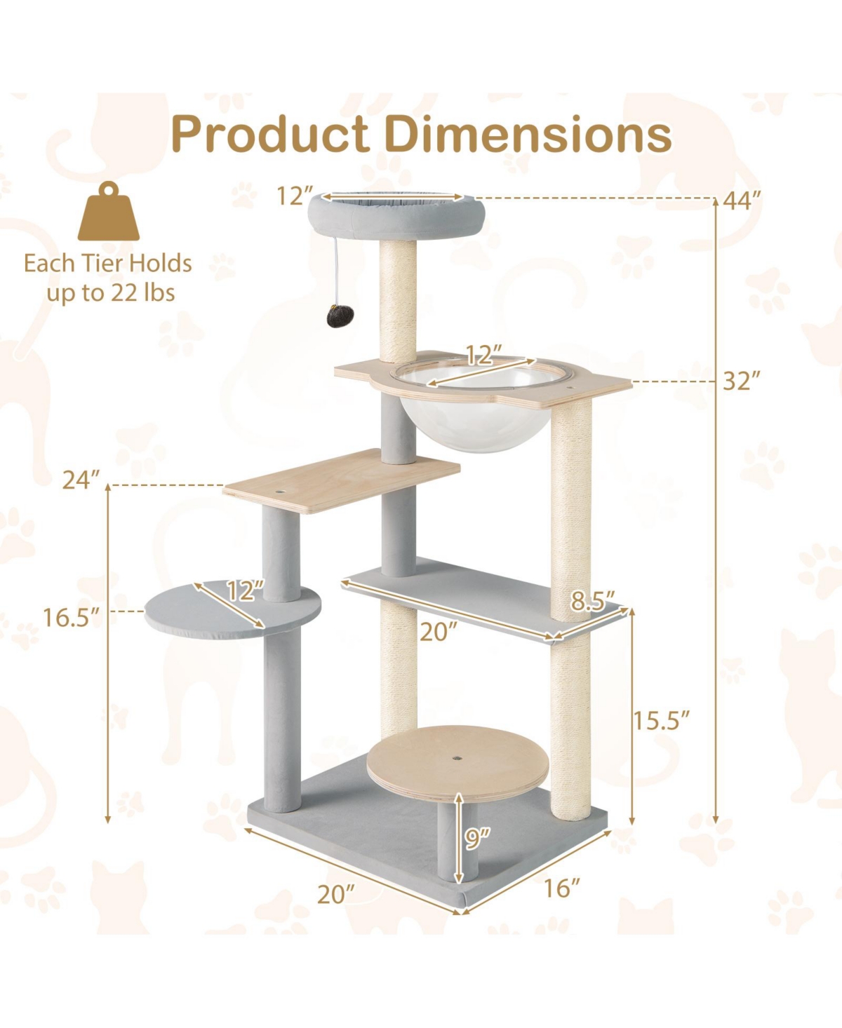 Gymax Modern Cat Tree 44 Inch Multi-level Cat Tower w/ Removable Padded Top Perch