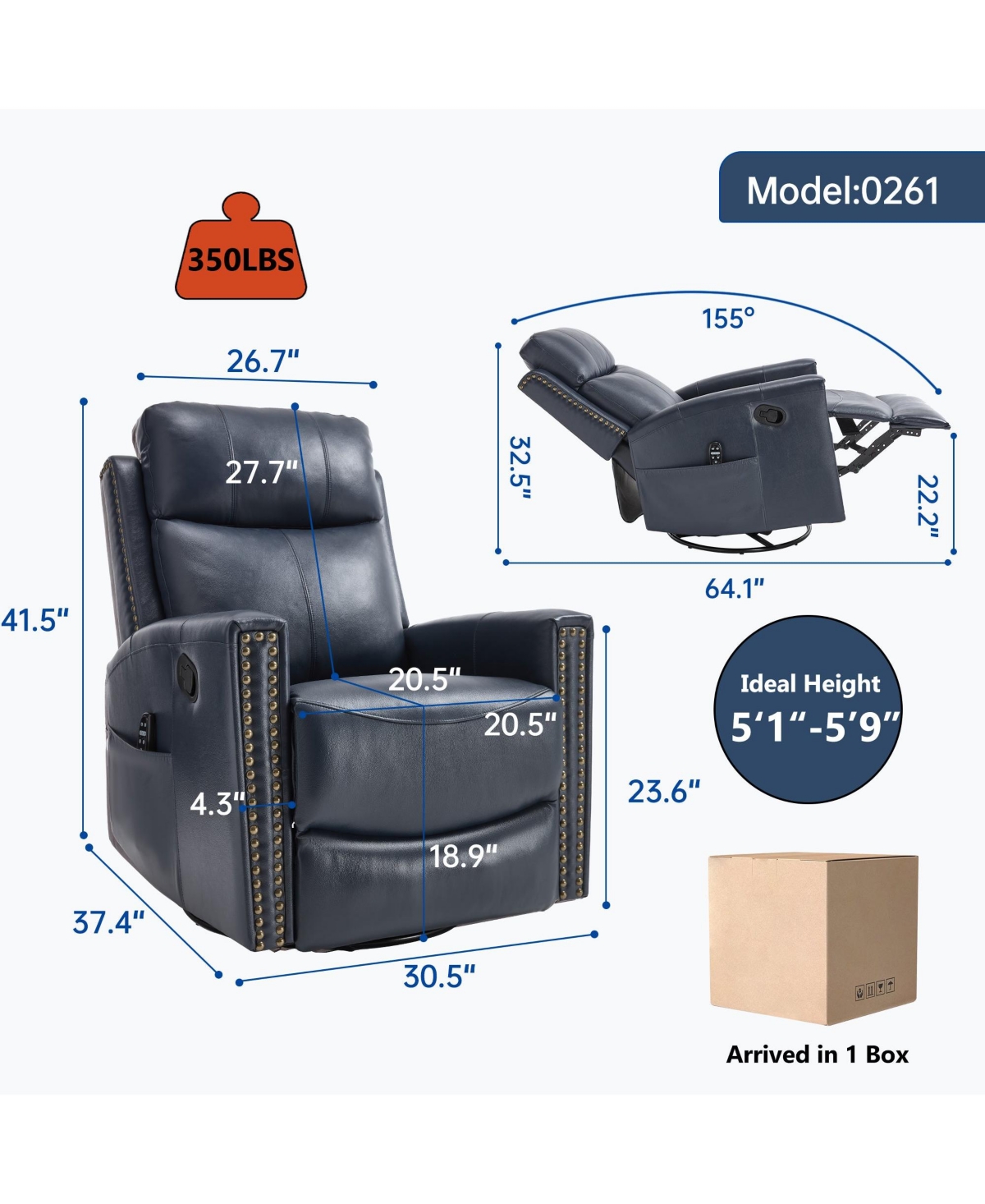 Genuine Leather Heat Massage Manual Recliner Chair with Rocker and Swivel for Living Room