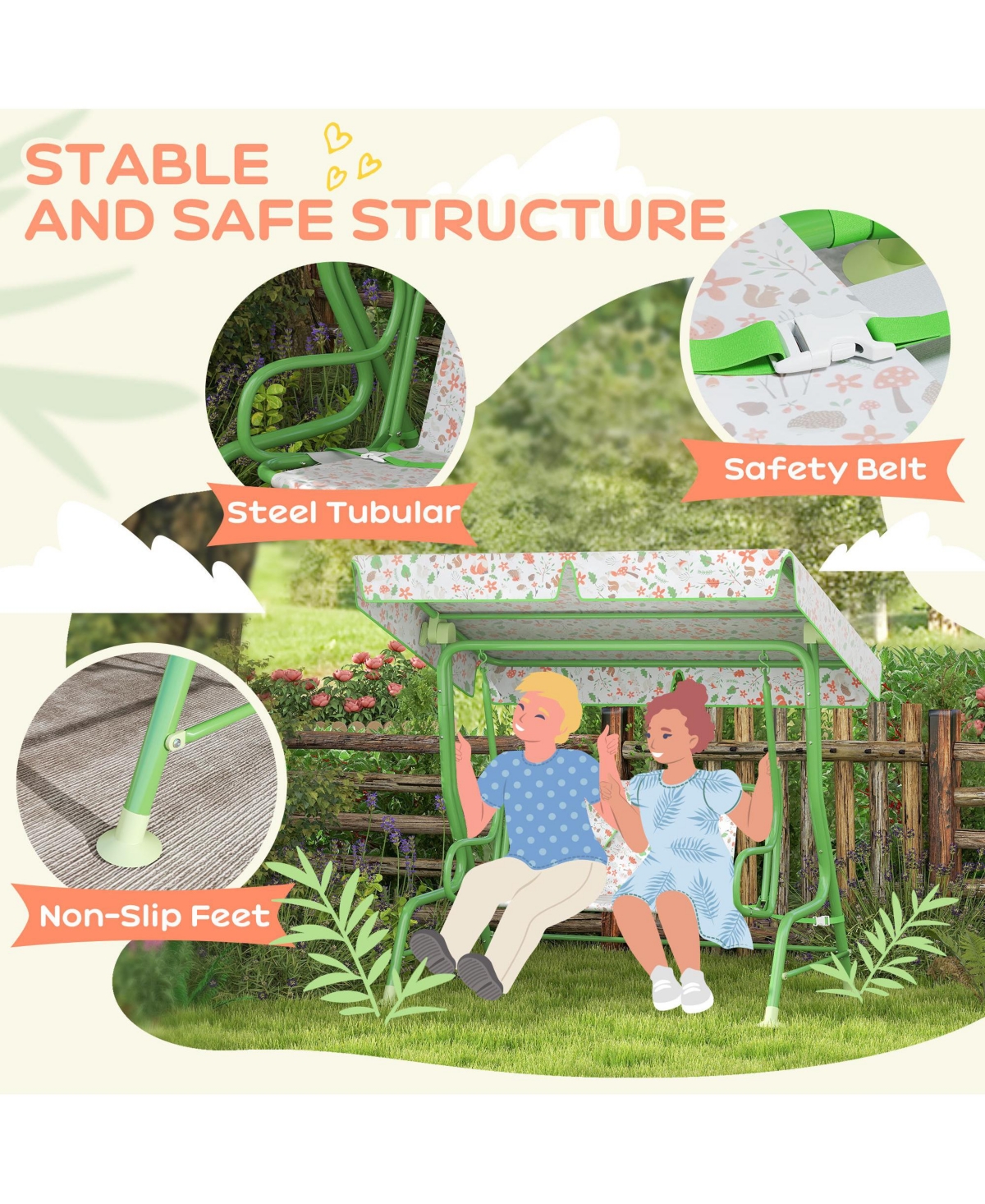 Qaba Kids Patio Swing, 2-Seater Outdoor Porch Swing Chair