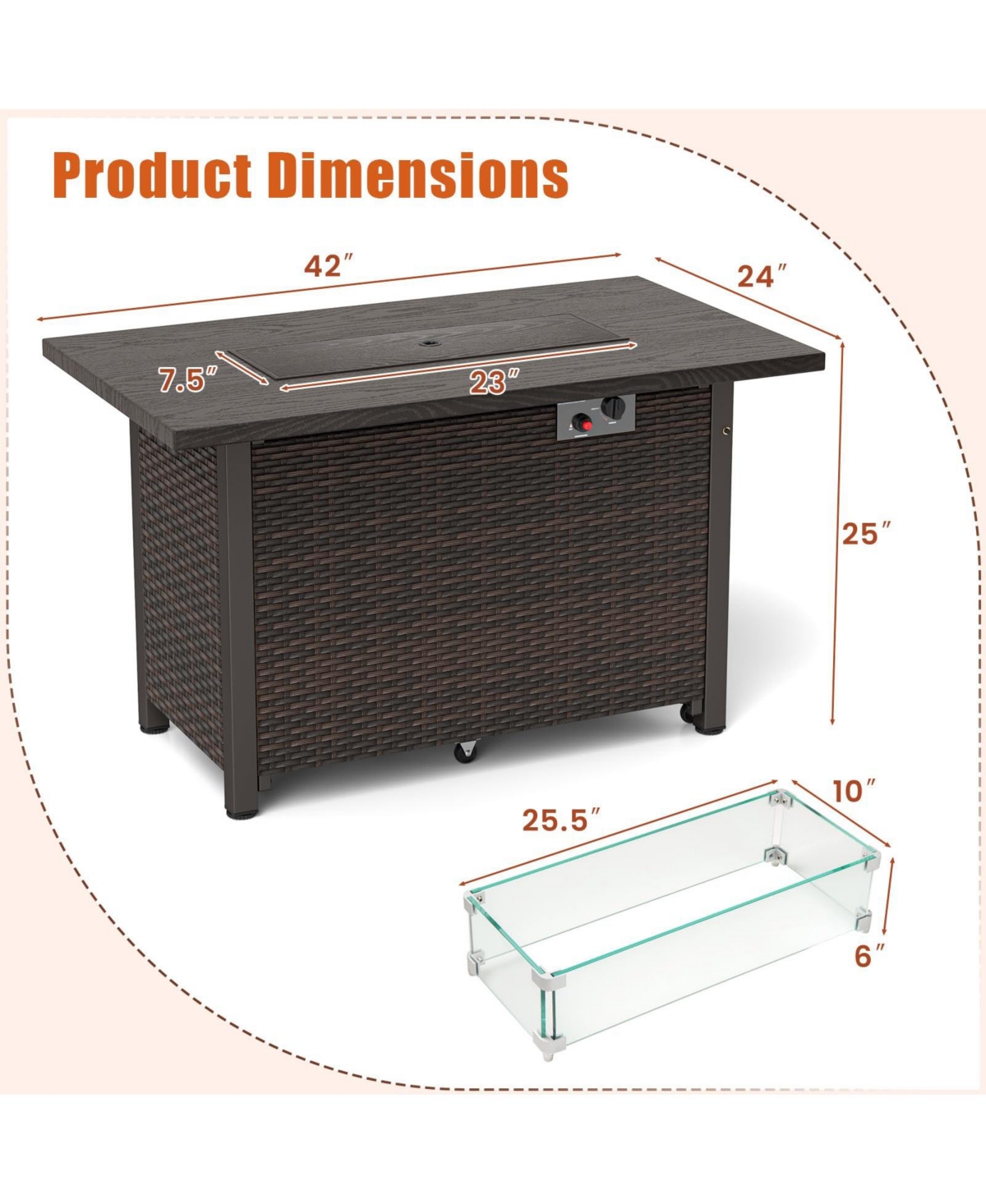Mecale 50000 Btu 2 Inch Ropane Gas Fire Pit Table with Wind Guard and Glass Rocks