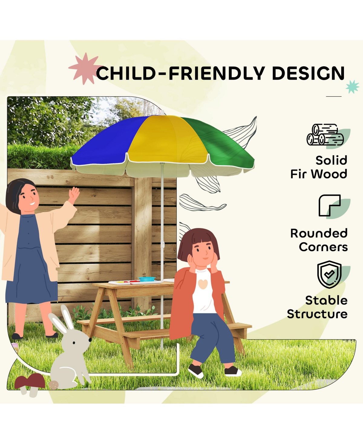 Qaba Kids Picnic Table, Wooden Outdoor Table & Bench Set with Umbrella