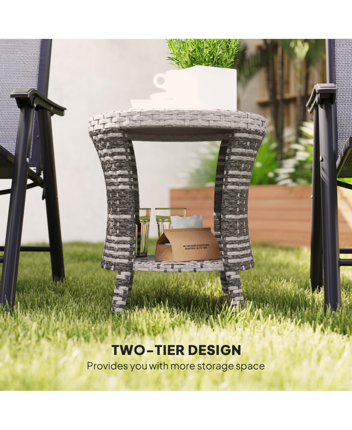 Outsunny 18" Wicker Table, 2-Tier Outdoor Side Table, Mixed