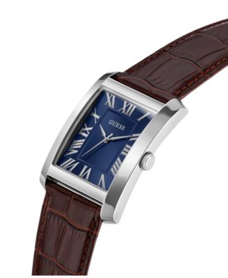 Men's Silver-Tone Brown Leather Analog Watch, 34mm