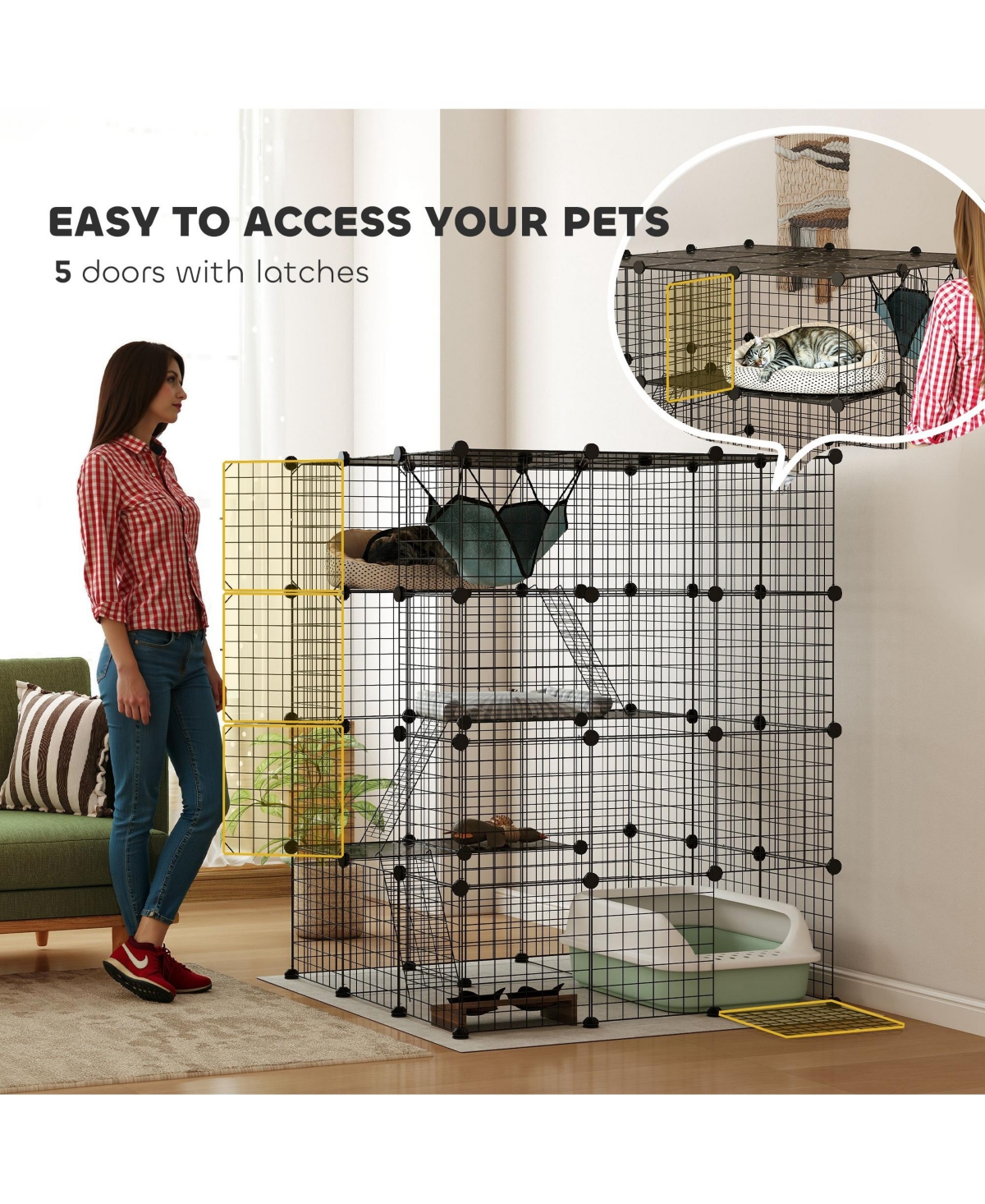 PawHut Diy Cat Cage Indoor with Hammock, for 1-3 Cats, 3 x 3 x 4,