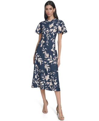 Calvin Klein - Women's Printed Flutter Sleeve Crewneck Midi Dress