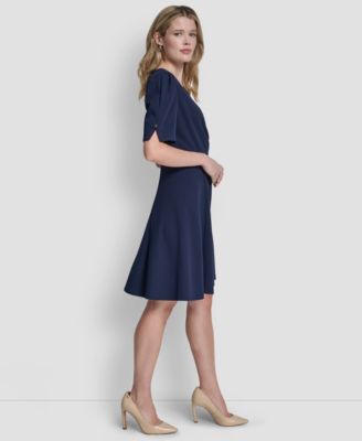 Women's Short Sleeve V-Neck Fit and Flare Scuba Crepe Dress