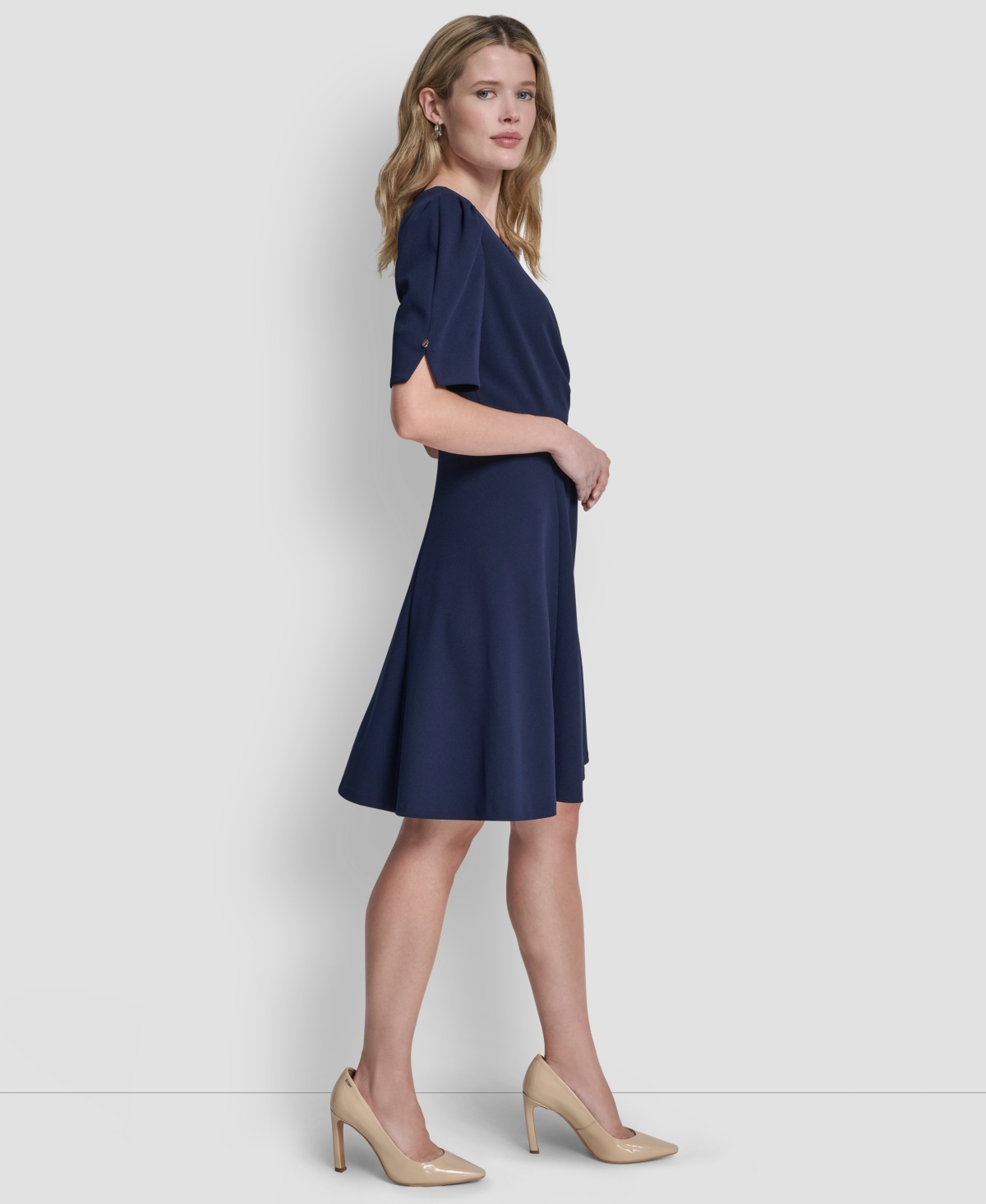 Dkny Women's Short Sleeve V-neck Fit And Flare Scuba Crepe Dress In Blue