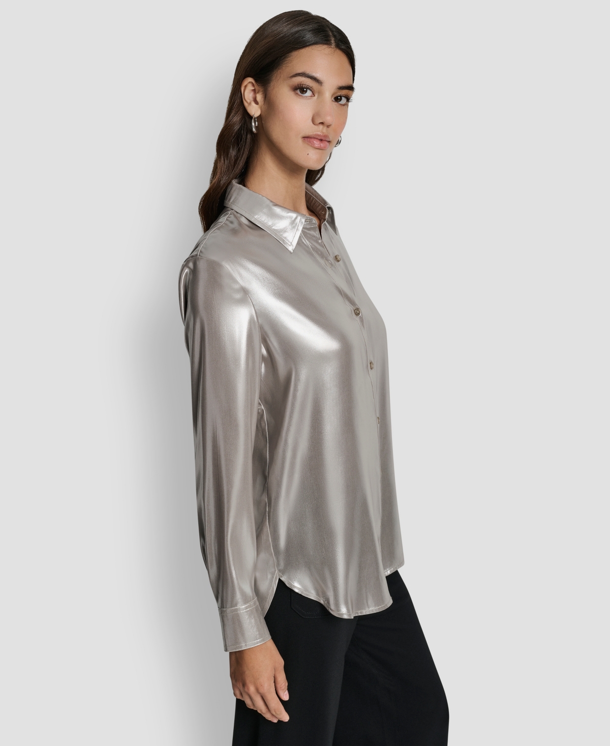 Dkny Jeans Petite Classic-Fit Button Front Long-Sleeve Blouse