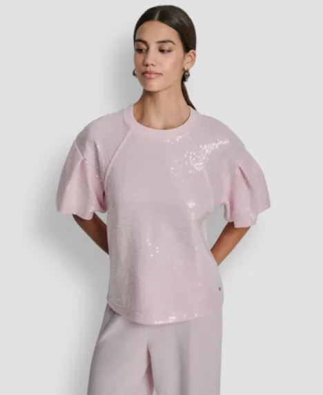 Petite Sequin Puff-Sleeve Sweatshirt - Pink Moon
