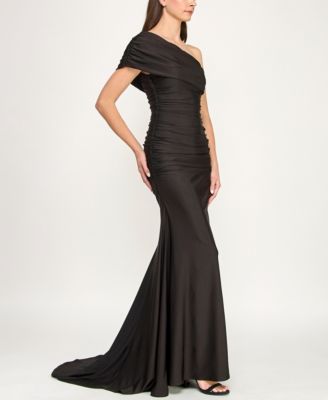 Juniors' One-Shoulder Draped Floor-Sweeping Gown