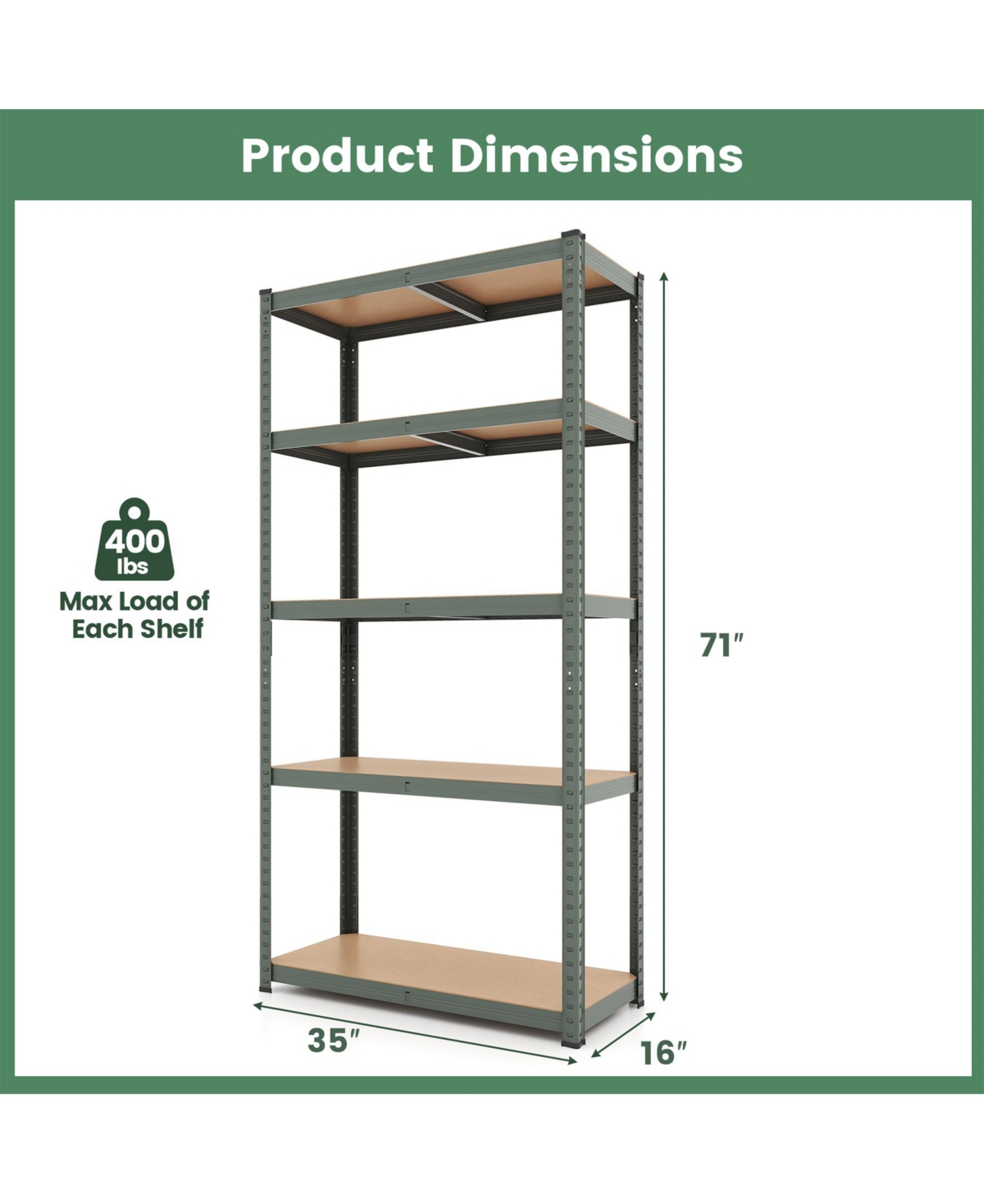 Sugift 5-Tier Heavy Duty Metal Shelving Unit with 2000 Lbs Total Load Capacity-Gray.
