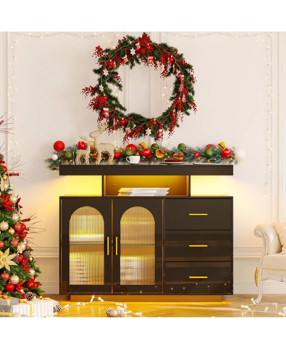 Vlsrka Wine Bar Storage Cabinet with Led Lights