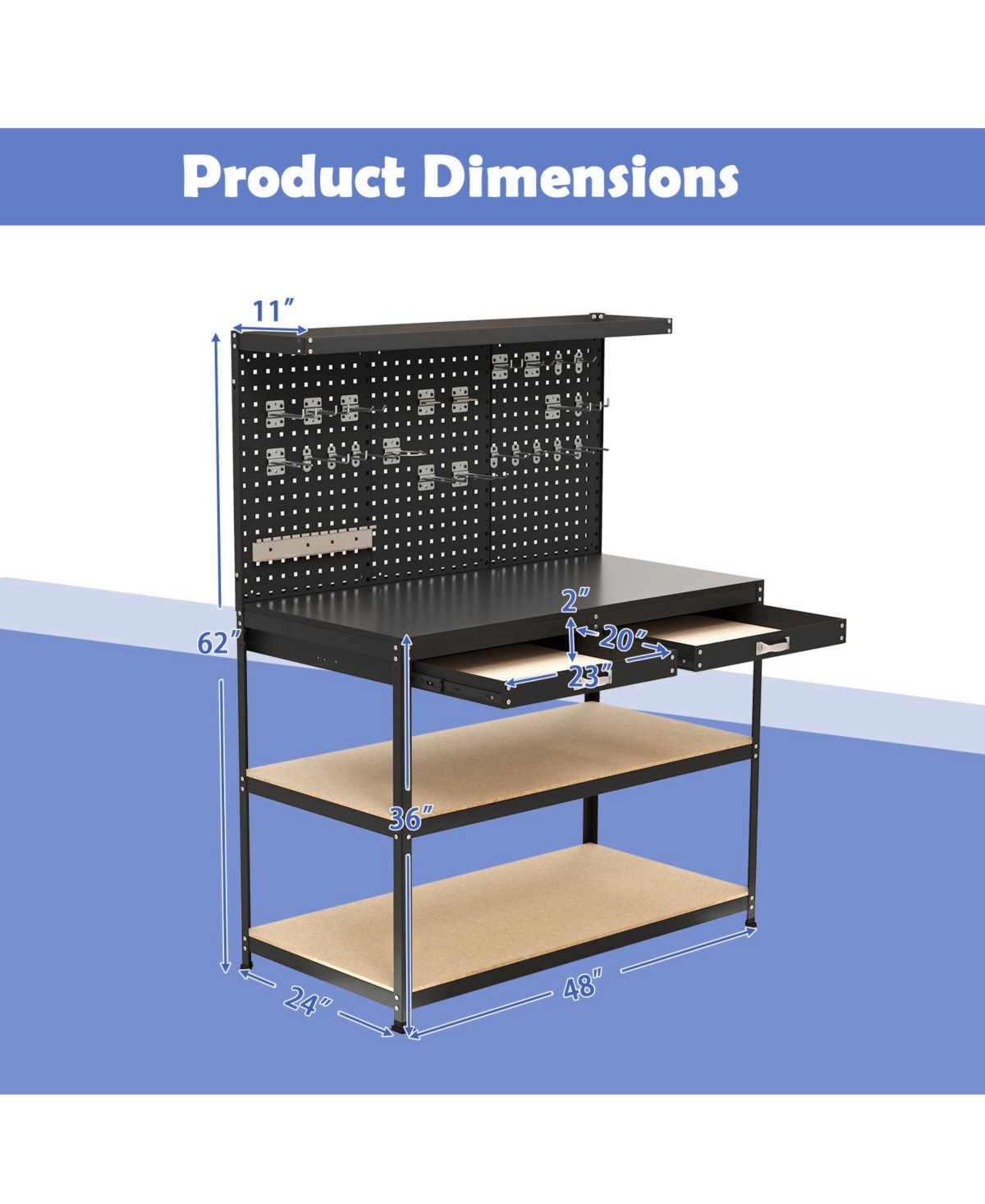 Sugift 48 x 24 Inch Workbench Work Table with 3 PCs Pegboard Drawer and Shelves