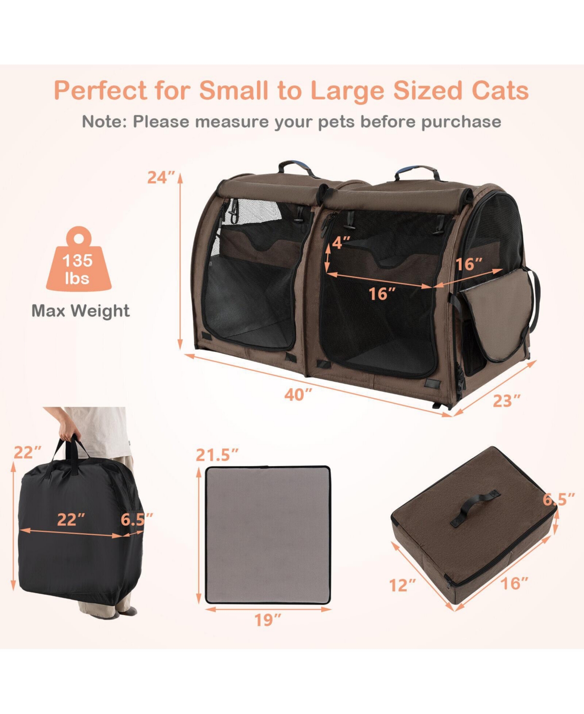 Skonyon Double Compartment Pet Carrier with 2 Removable Hammocks