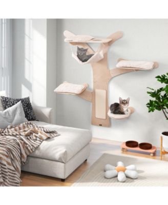 Wall-Mounted Cat Tower with Hammock Platforms and Sisal Scratching Mat