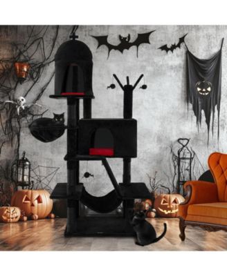 Gothic Cat Tree with 2 Cat Condos and Spooky Dangling Ball for Indoor Cats